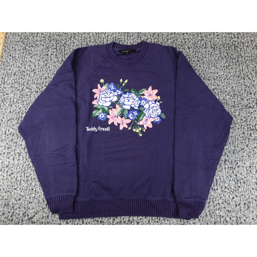 Teddy Fresh Sweatshirt Mens Large Purple Floral Embroidered Cotton Pullover L